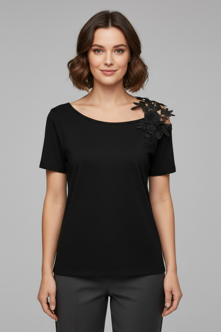 T-shirt da Donna con Spalle Scoperte e Applicazioni Floreali